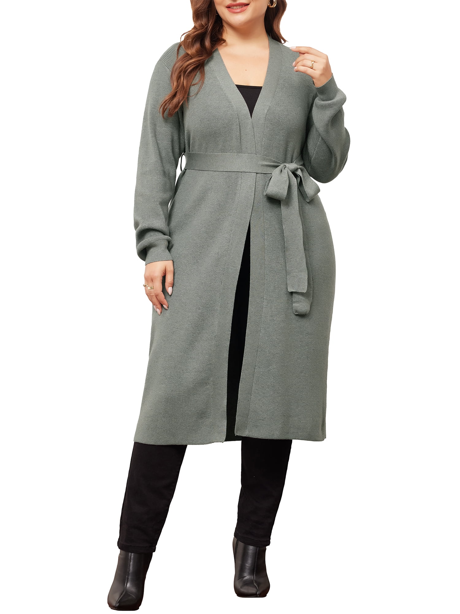 DARING DIVA Plus Size Sweater Knit Long Sleeve Belted Overwear 1X Grey