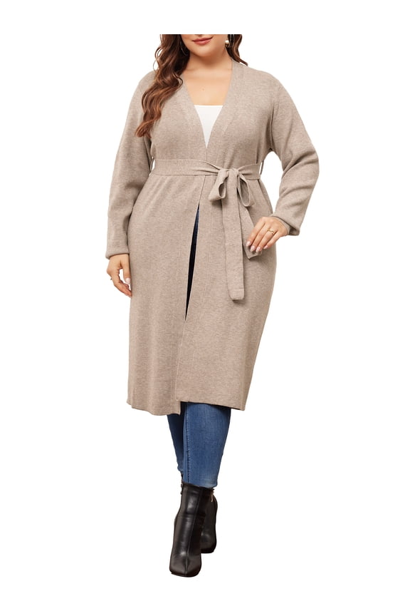 Plus Size Sweater Knit Long Sleeve Belted Overwear 1X Khaki