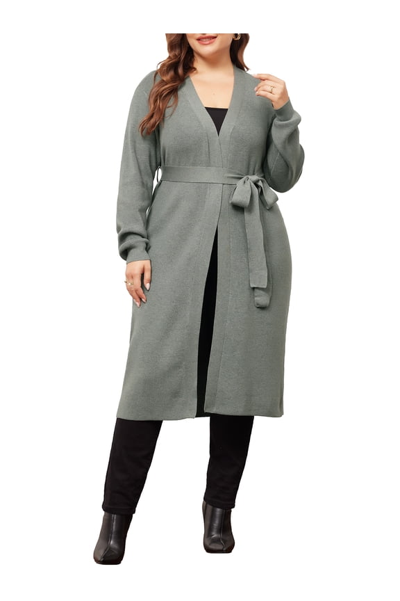 Plus Size Sweater Knit Long Sleeve Belted Overwear 2X Grey