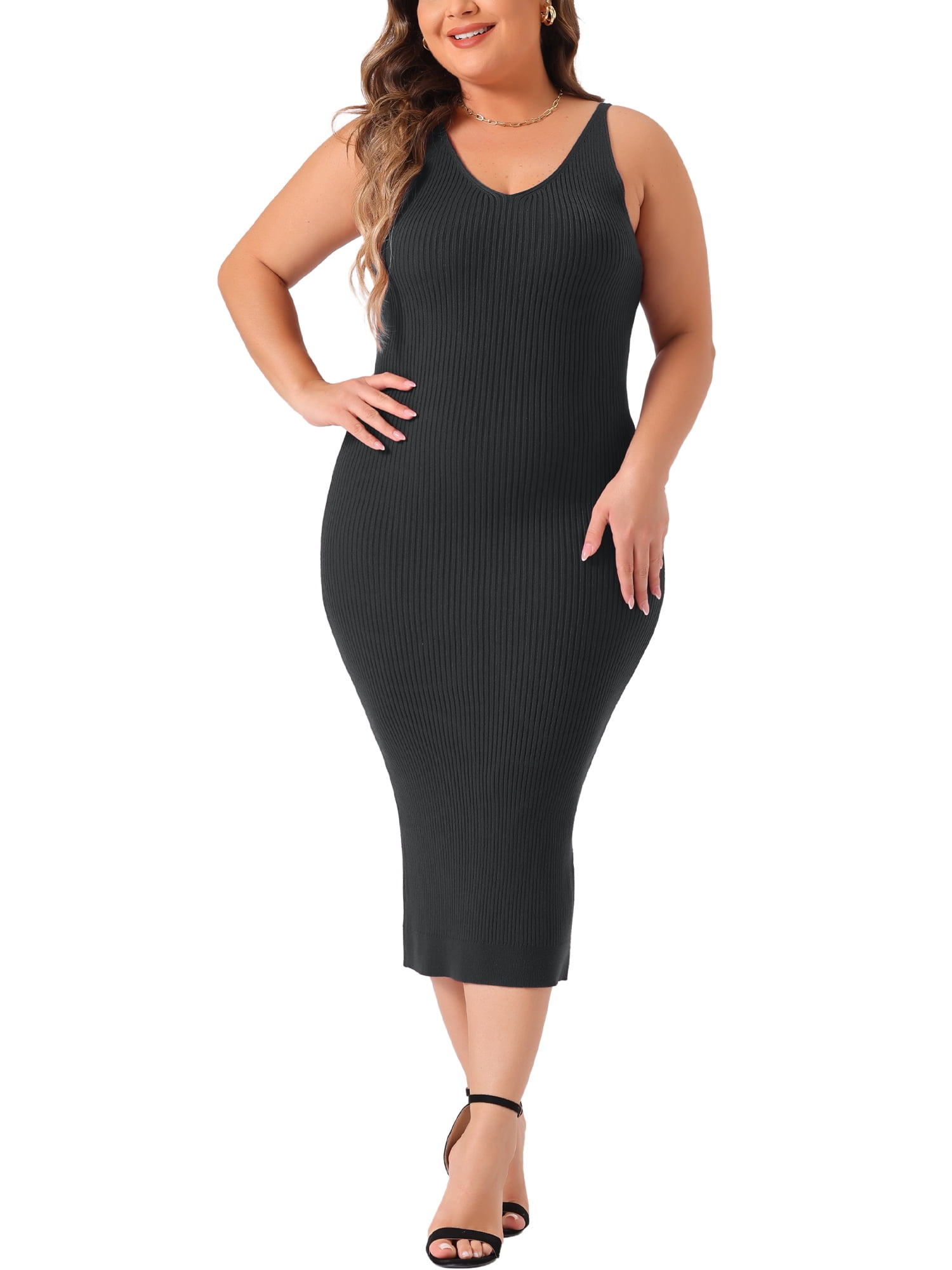 DARING DIVA Plus Size Sweater V Neck Ribbed Knit Bodycon Dress 1X Black