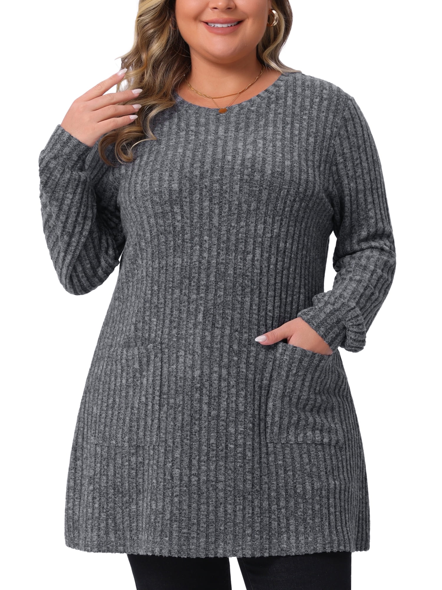 DARING DIVA Plus Size Sweaters Round Neck Knit Loose Pocket Pullover Top 1X Light Gray
