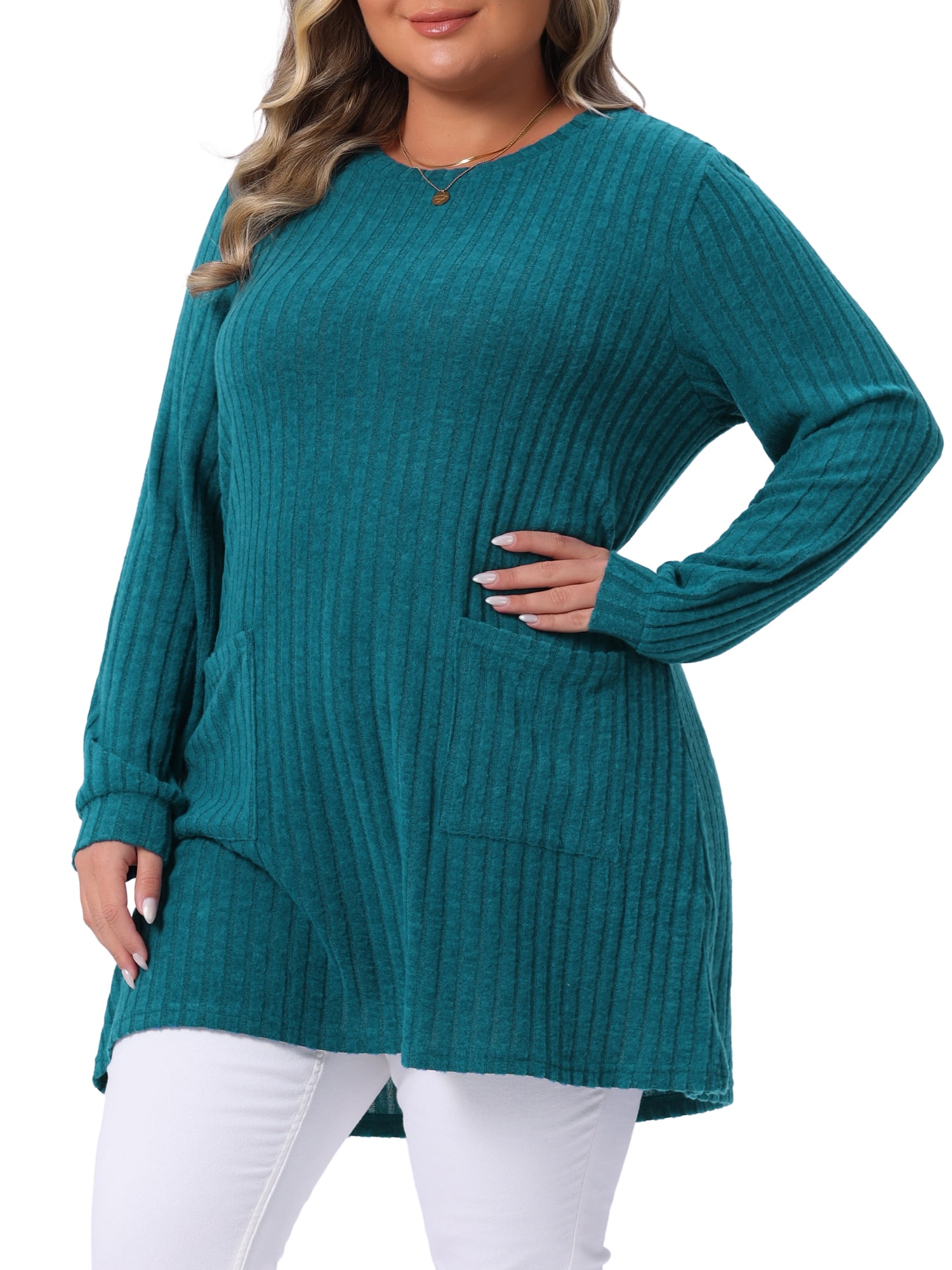 DARING DIVA Plus Size Sweaters Round Neck Knit Loose Pocket Pullover Top 3X Lake Blue