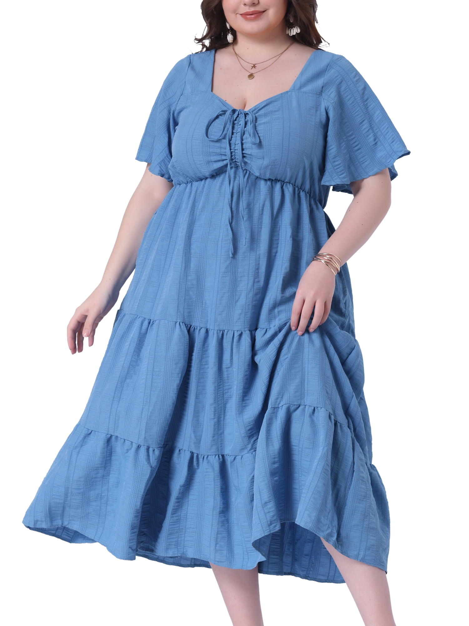 DARING DIVA Plus Size Sweetheart Neck Ruffle Flowy A Line Dress 2X Blue