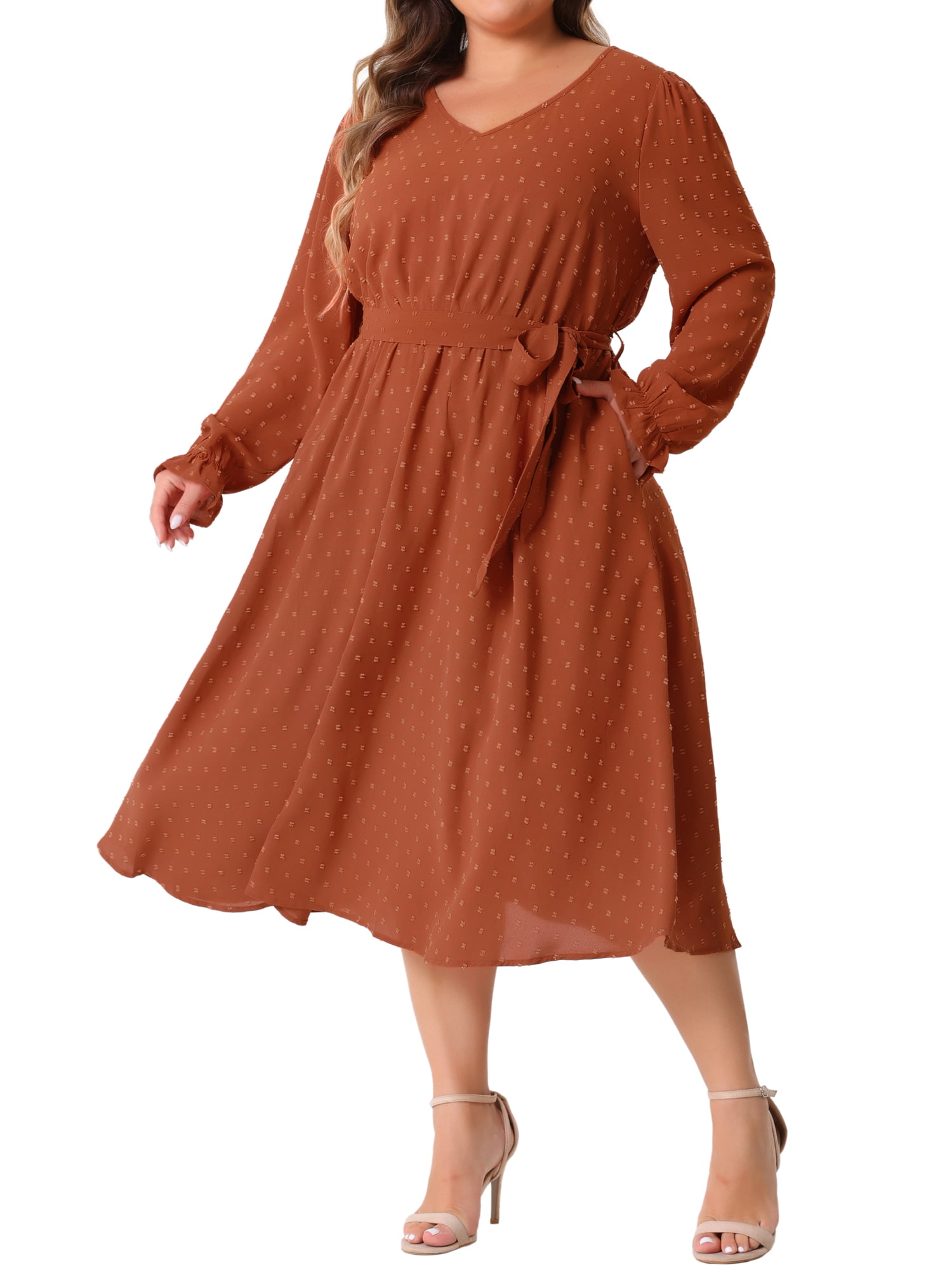 DARING DIVA Plus Size Swiss Dot V Neck Long Sleeve Midi Dress 3X Orange