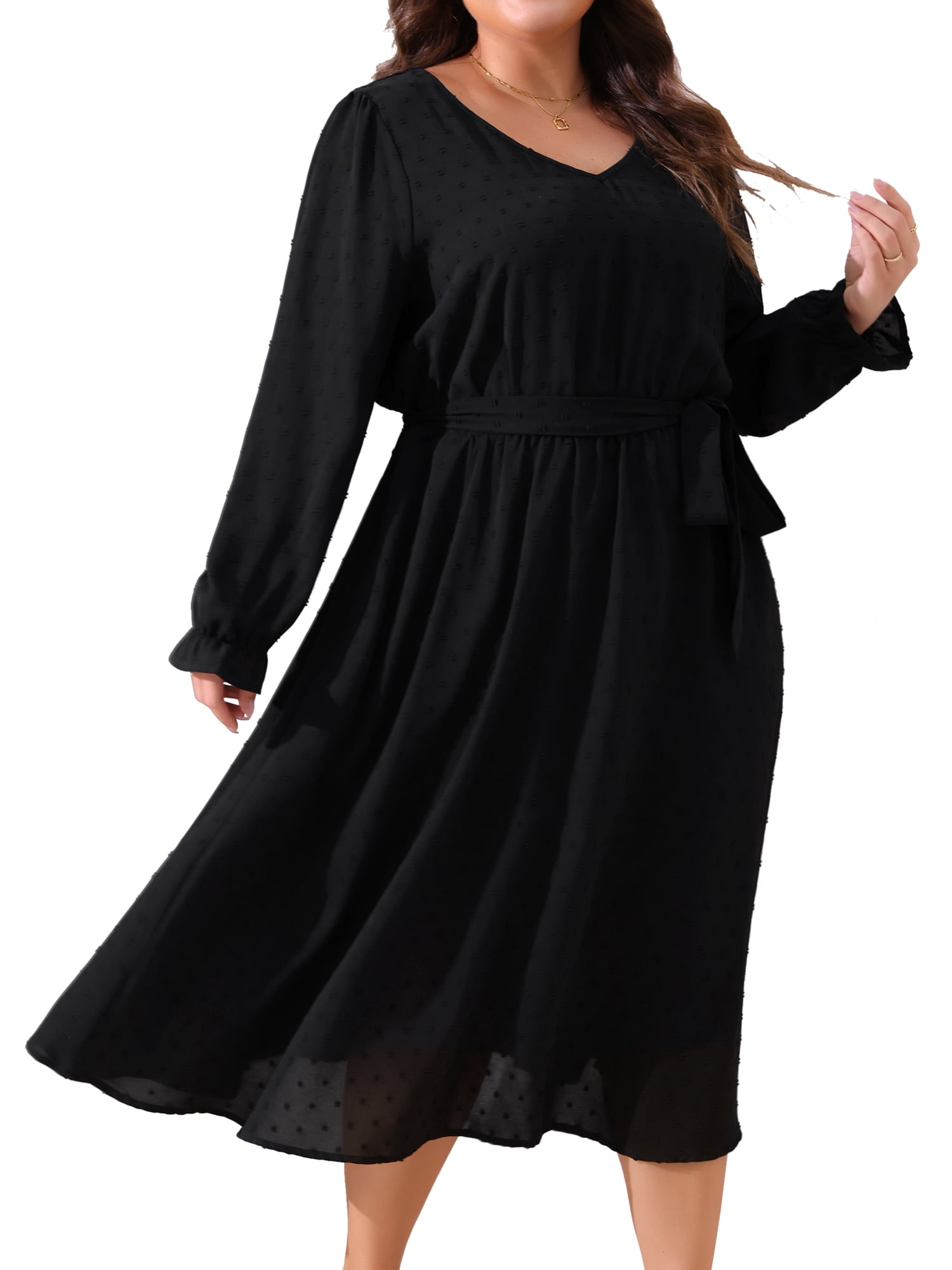 DARING DIVA Plus Size Swiss Dot V Neck Long Sleeve Midi Dress 4X Black