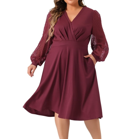 DARING DIVA Plus Size Swiss Dots Wrap V Neck Knee Length Dress 2X Burgundy