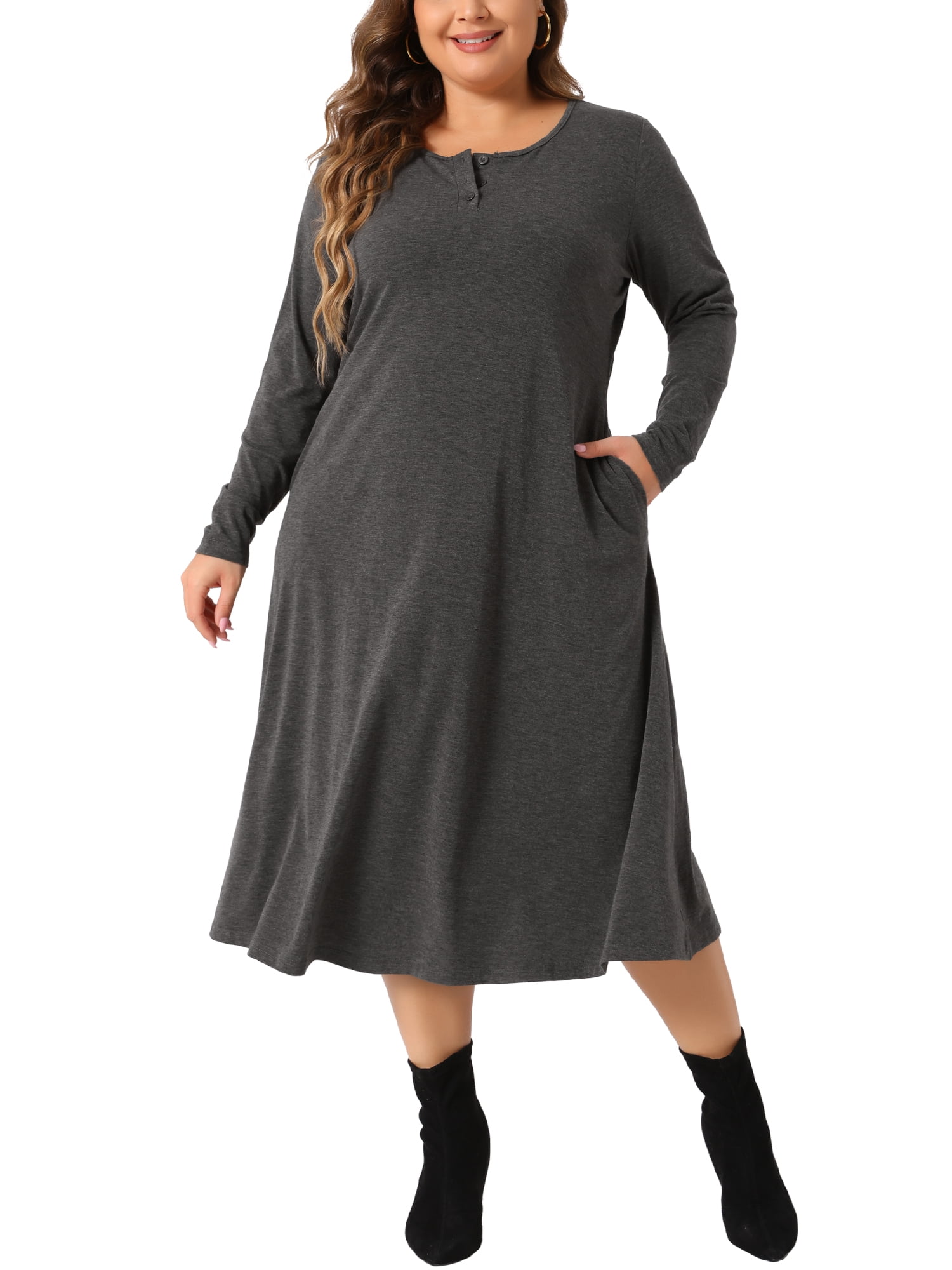 DARING DIVA Plus Size T-Shirt Crew Neck Button Long Sleeve Dress 1X Dark Gray
