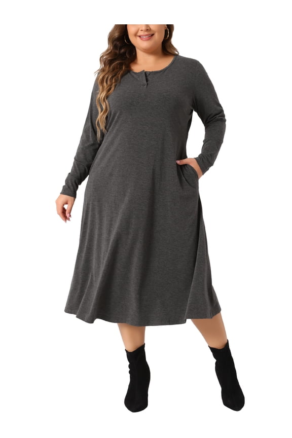 Plus Size T-Shirt Crew Neck Button Long Sleeve Dress 1X Dark Gray
