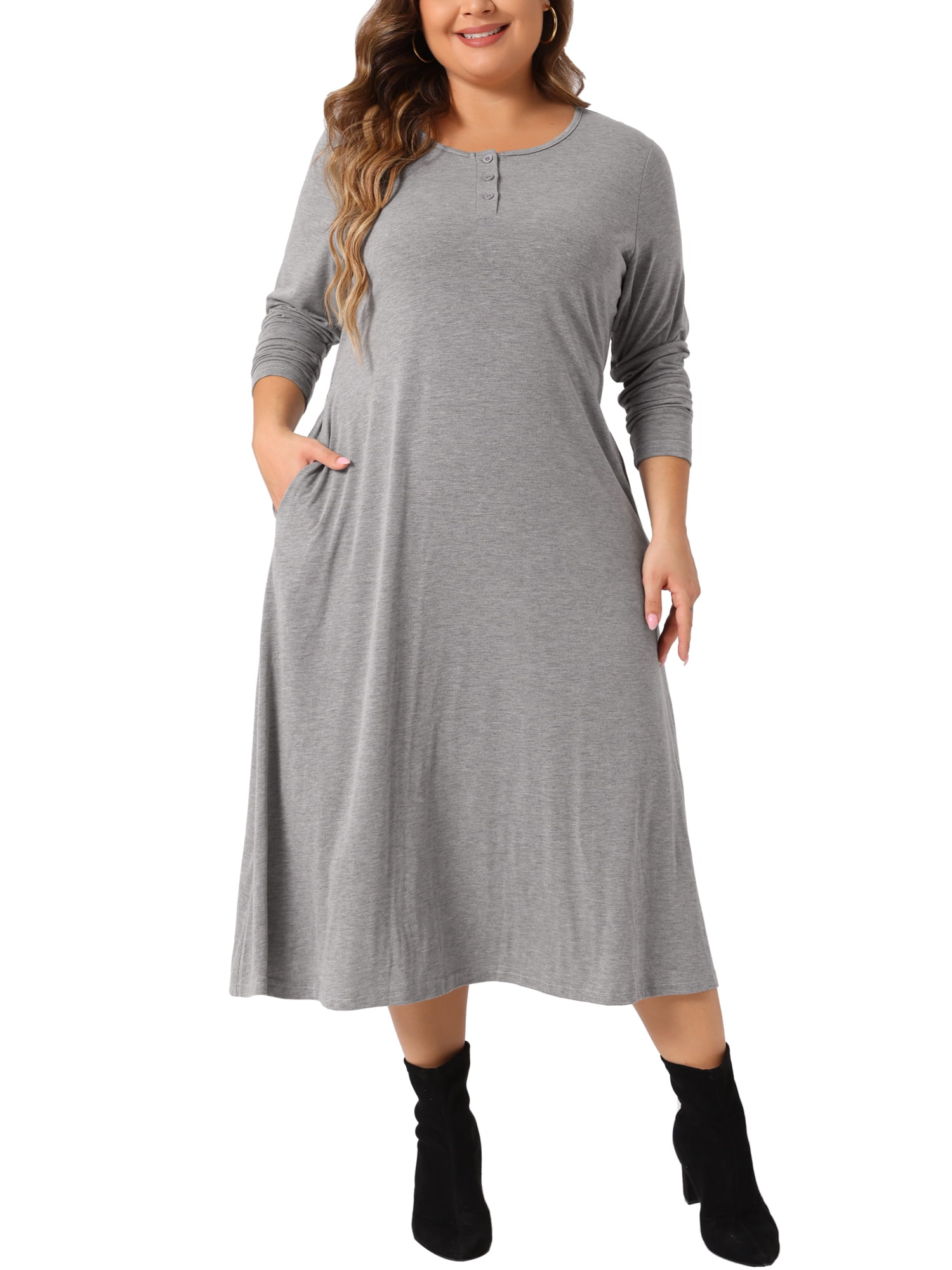 DARING DIVA Plus Size T-Shirt Crew Neck Button Long Sleeve Dress 3X Gray