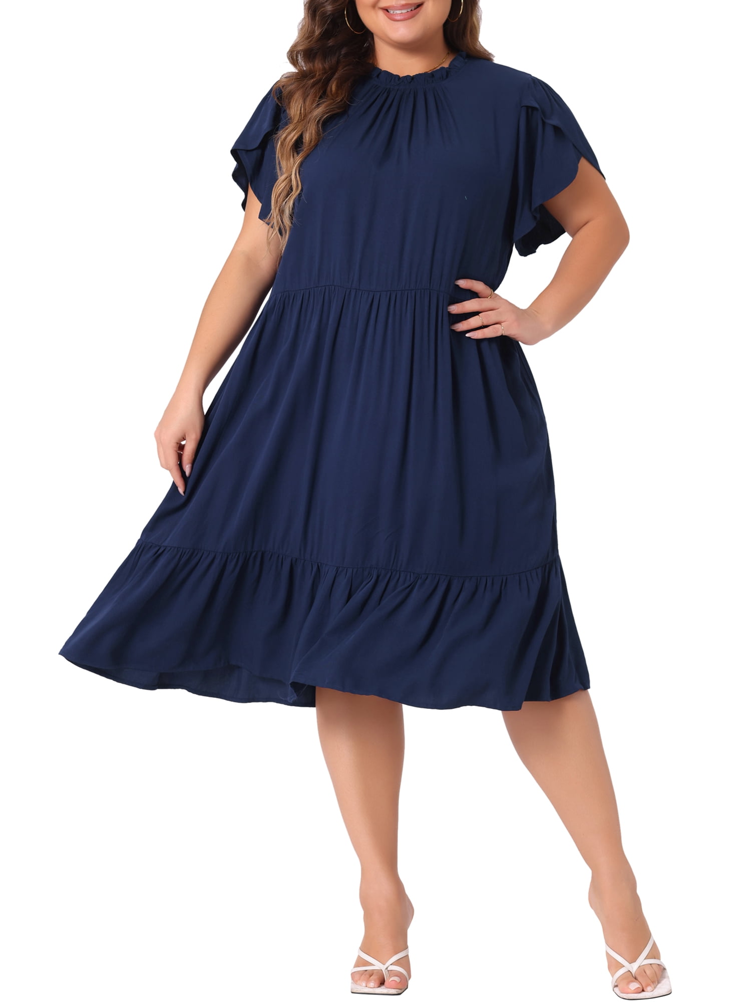 DARING DIVA Women's Plus Size Tie Back Boat Neck Midi Length Dress 1X Navy Blue