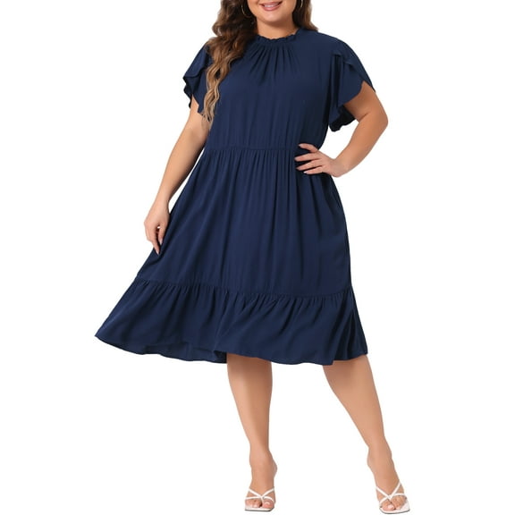 DARING DIVA Plus Size Tie Back Boat Neck Midi Length Dress 4X Navy Blue