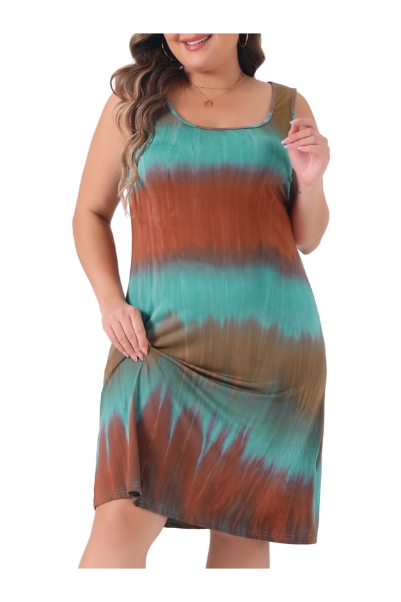Plus Size Tie Dye Sleeveless Sundress Casual Tank Dress 2X Blue Brown