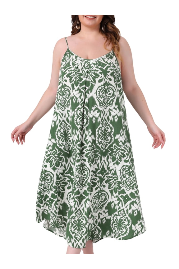 Plus Size Tie Dye Spaghetti Strap Beach Long Maxi Dress 4X Green