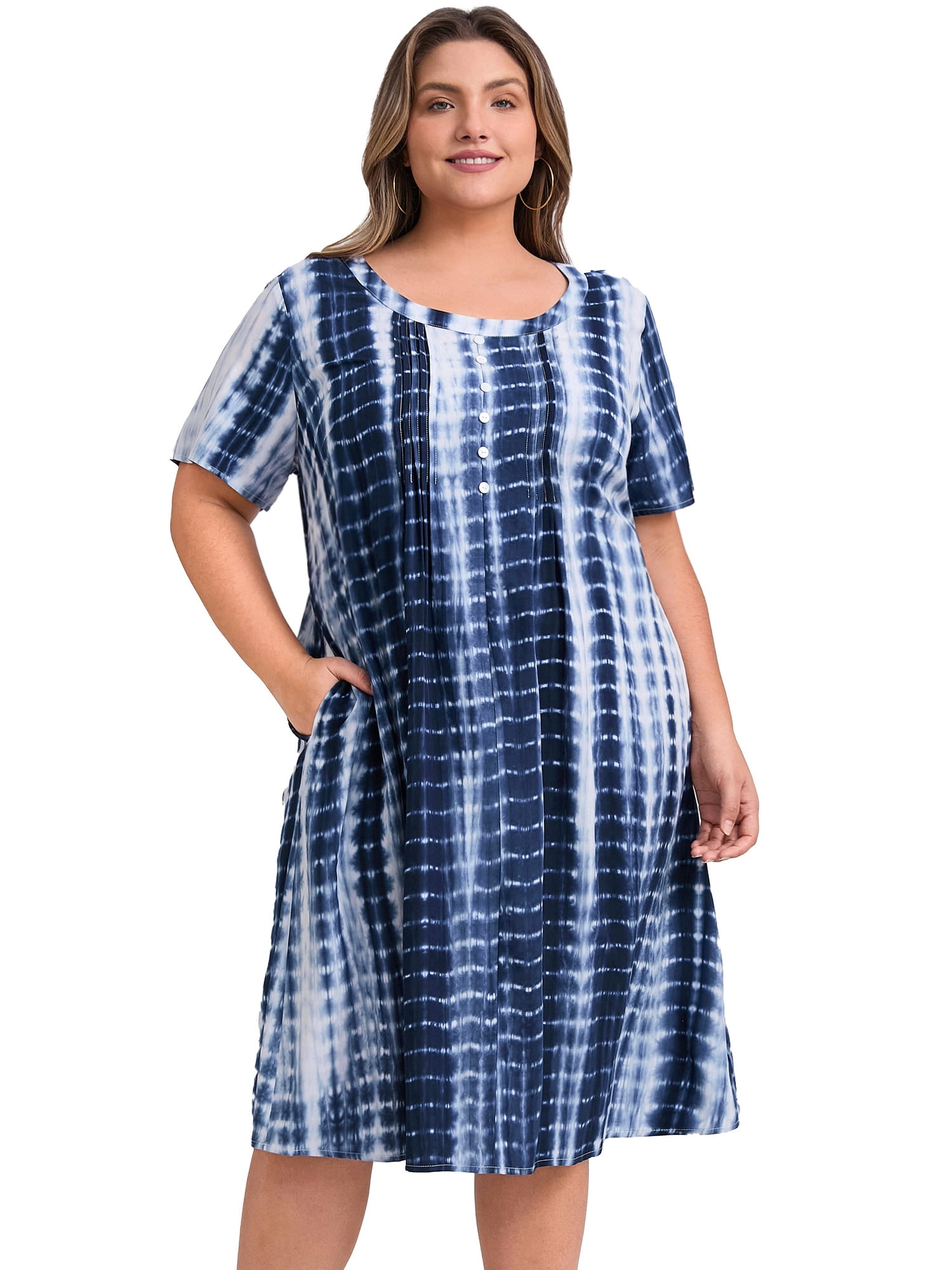 DARING DIVA Plus Size Tie Dye Summer Short Sleeves Dress 3X Dark Blue
