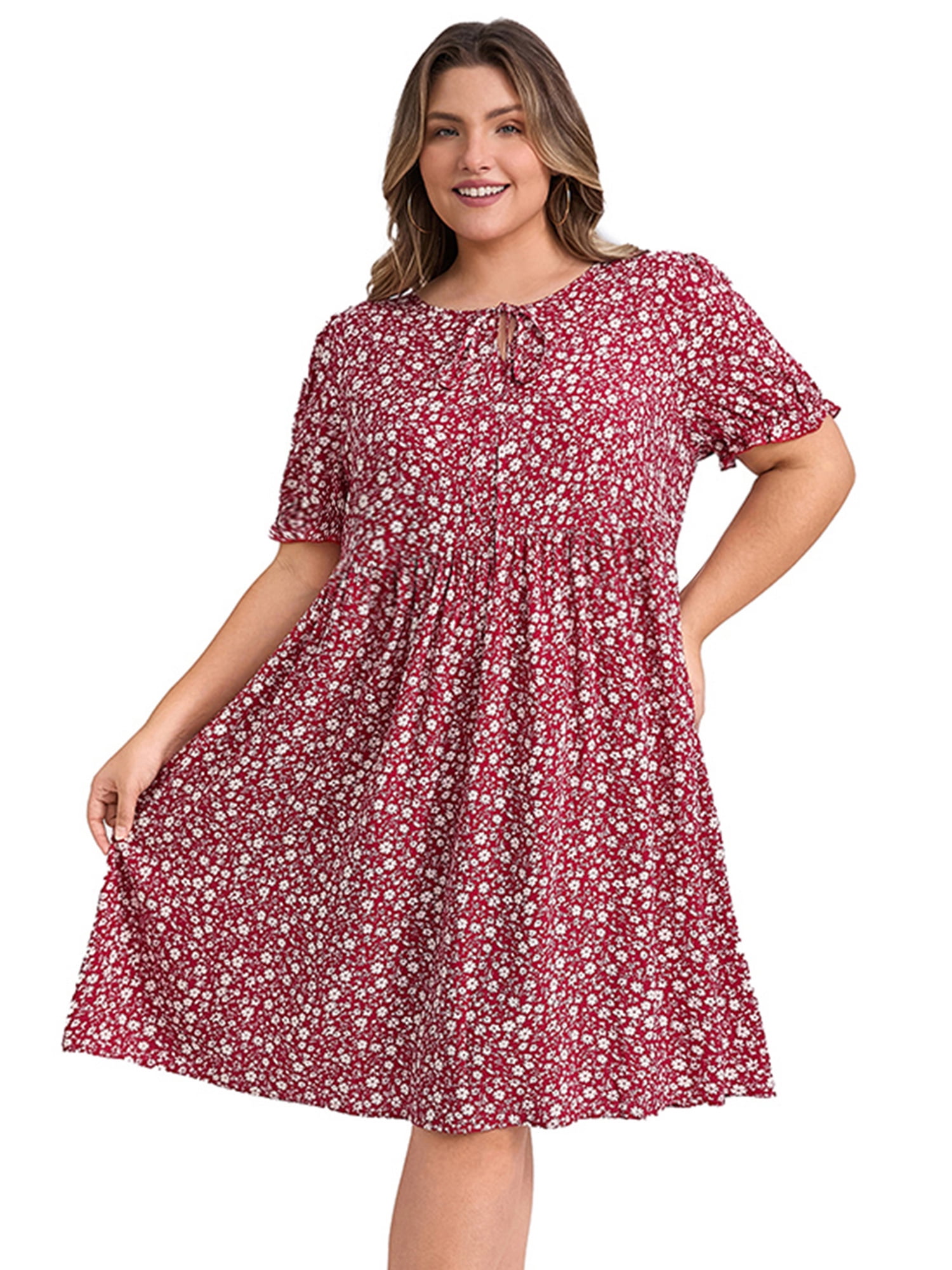 DARING DIVA Plus Size Tie Neck Short Sleeves Floral A-Line Dress 3X Dark Red