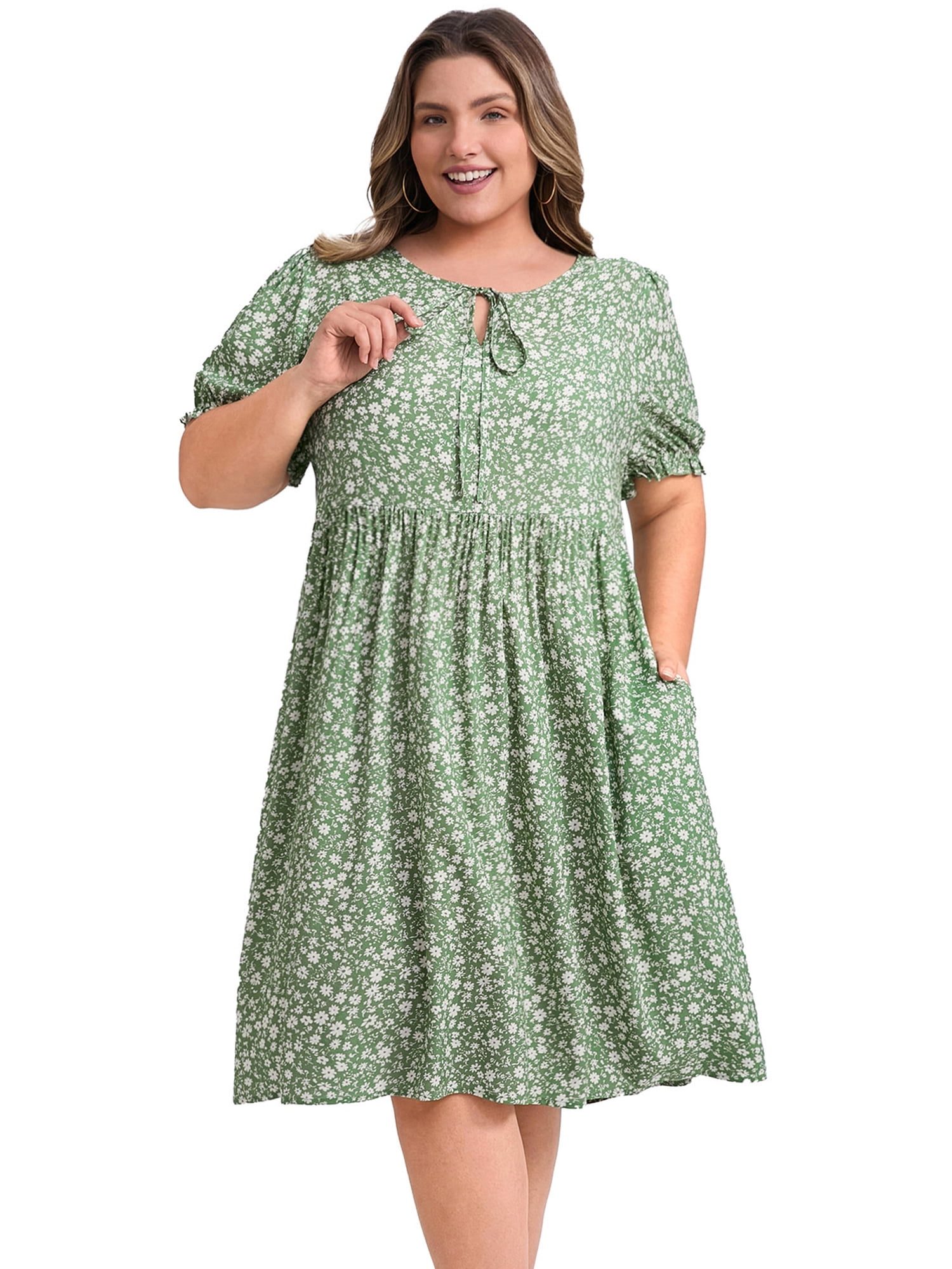 DARING DIVA Plus Size Tie Neck Short Sleeves Floral A-Line Dress 4X Light Green