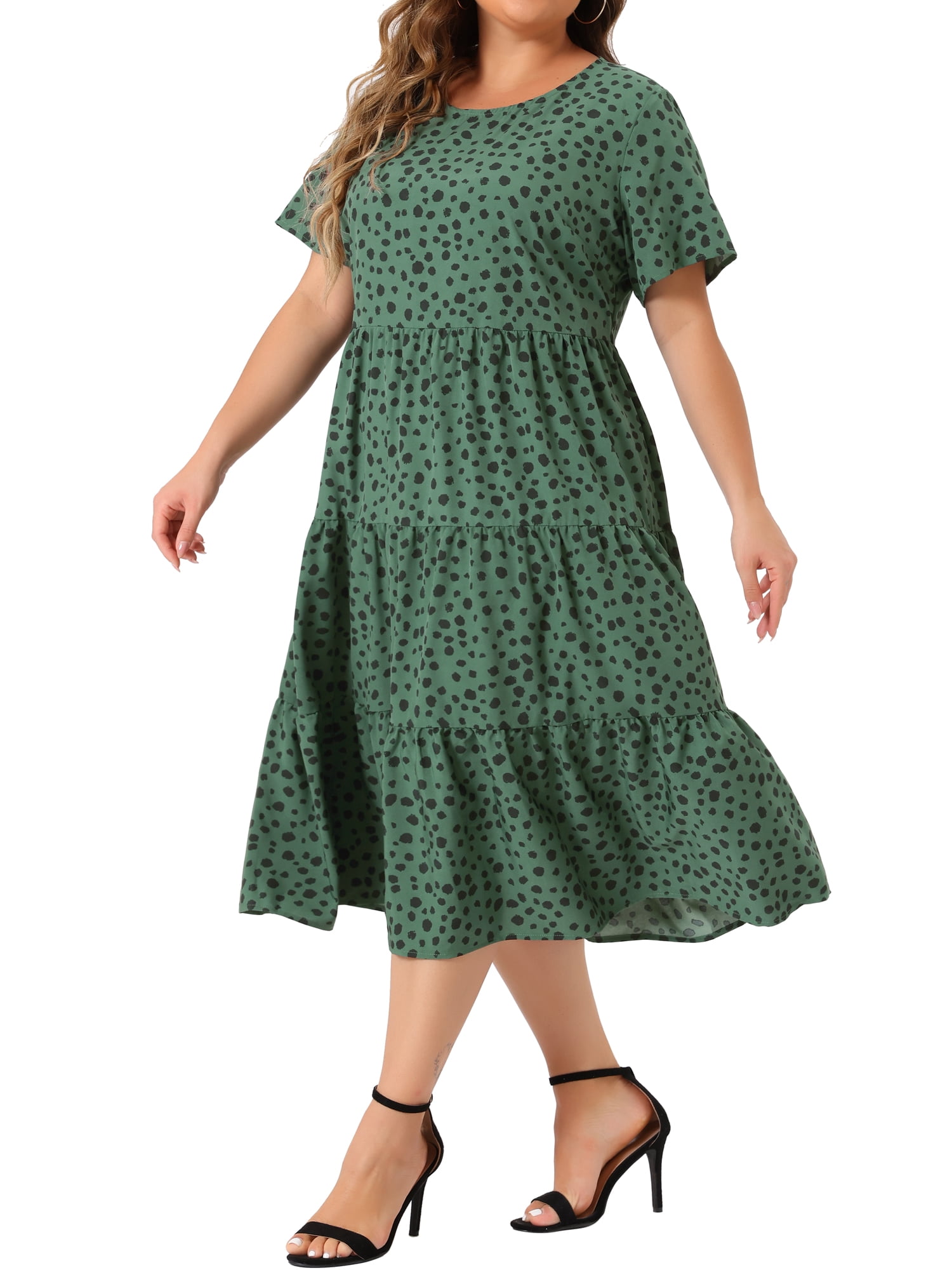 DARING DIVA Plus Size Tiered Polka Dots Midi Short Sleeve Babydoll Dress 3X Dark Green