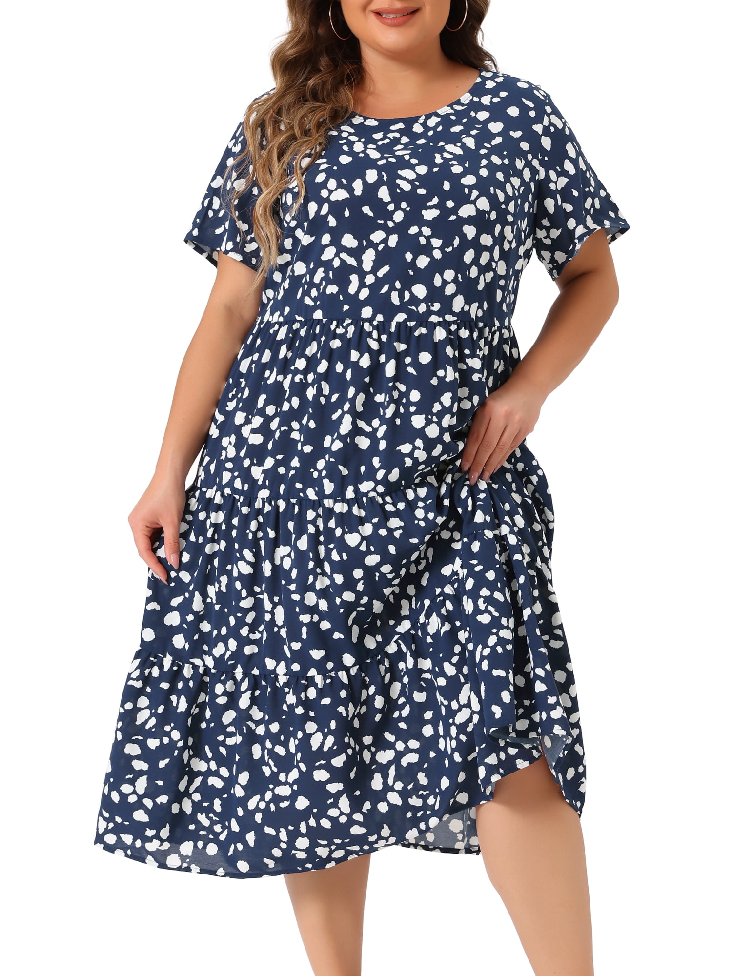 DARING DIVA Plus Size Tiered Polka Dots Midi Short Sleeve Babydoll Dress 4X Dark Blue