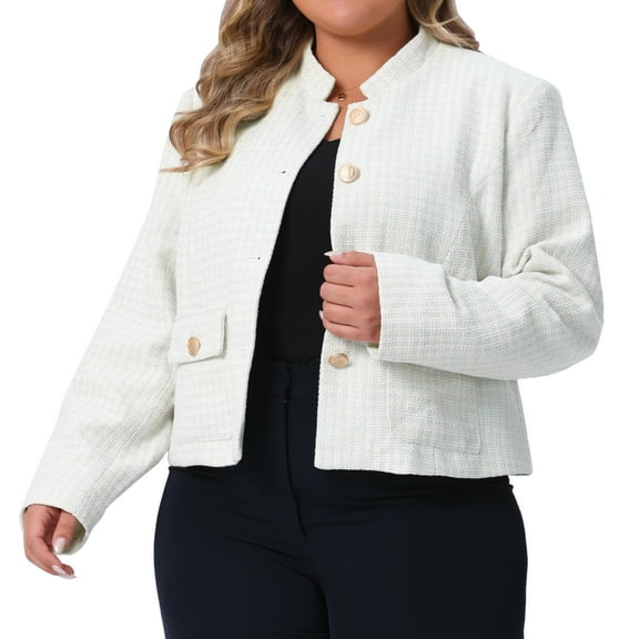 DARING DIVA Plus Size Tweed Stand Collar Button Down Blazer Jacket 1X Beige