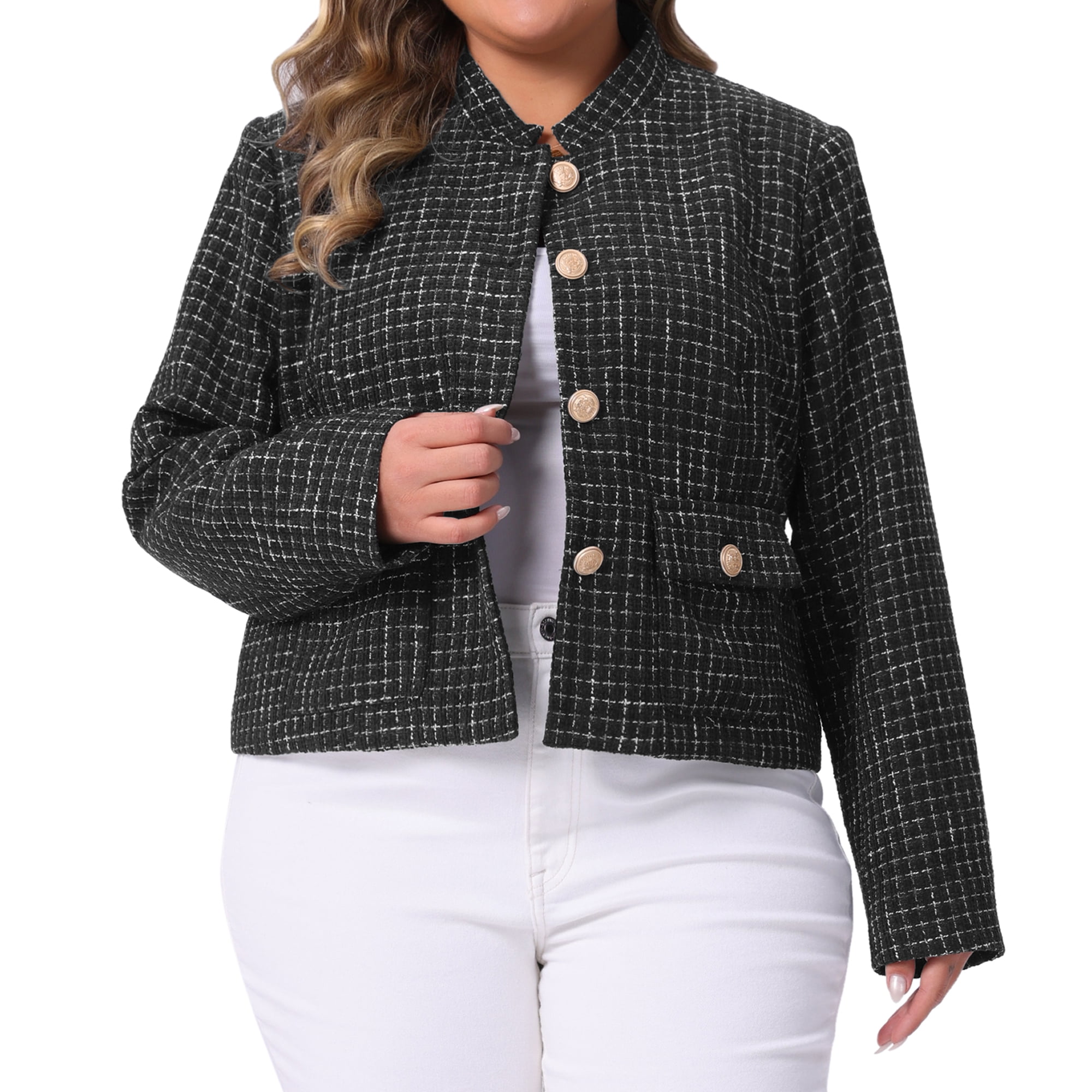 DARING DIVA Plus Size Tweed Stand Collar Button Down Blazer Jacket 1X Black