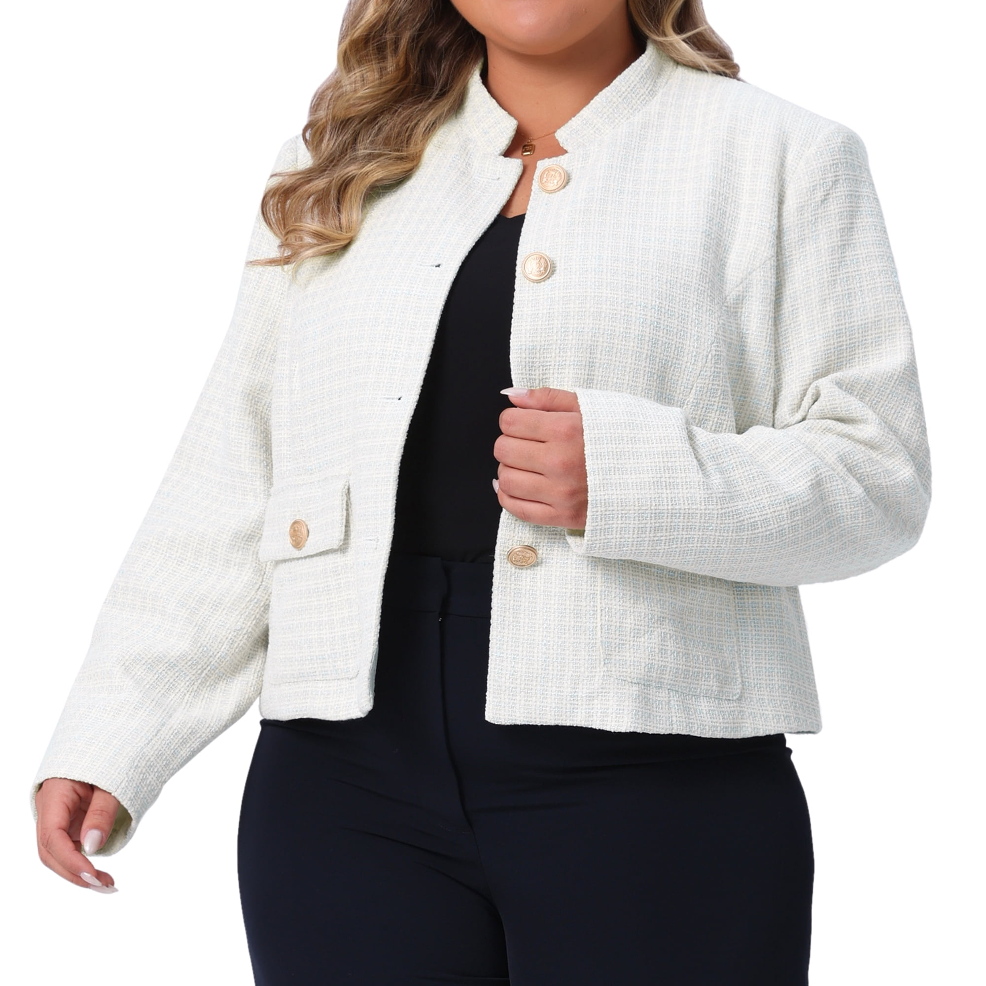 DARING DIVA Plus Size Tweed Stand Collar Button Down Blazer Jacket 2X Beige