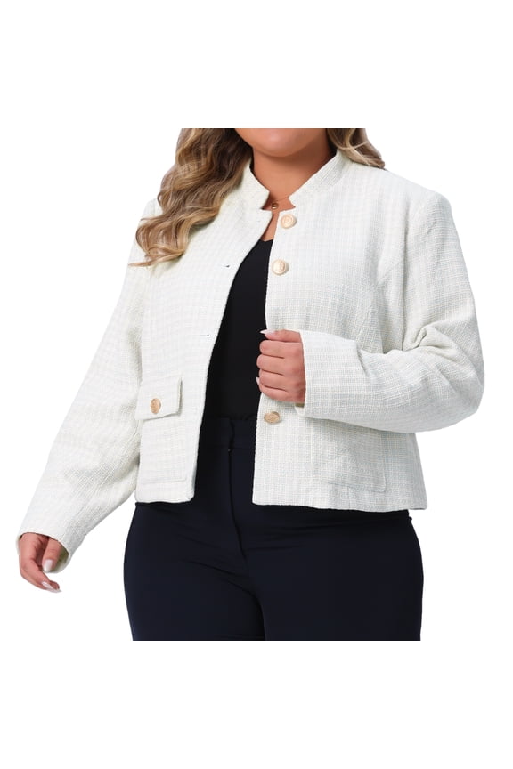 Plus Size Tweed Stand Collar Button Down Blazer Jacket 2X Beige