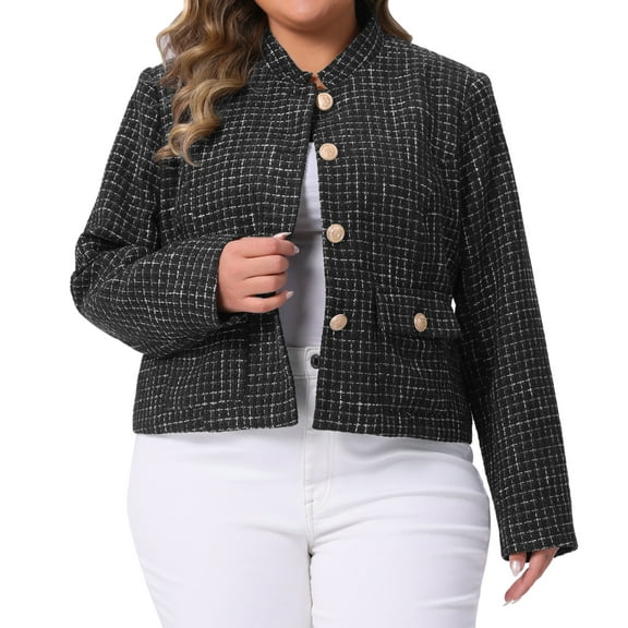 DARING DIVA Plus Size Tweed Stand Collar Button Down Blazer Jacket 2X Black
