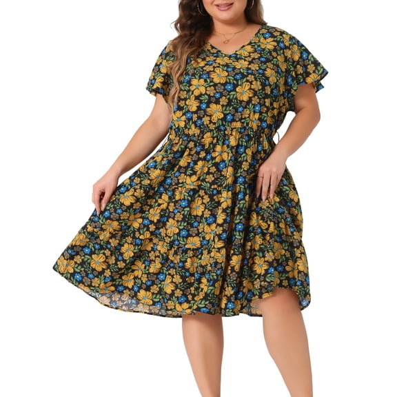 DARING DIVA Plus Size V Neck Elastic Waist Ruffle Floral Midi Dress 2X Black