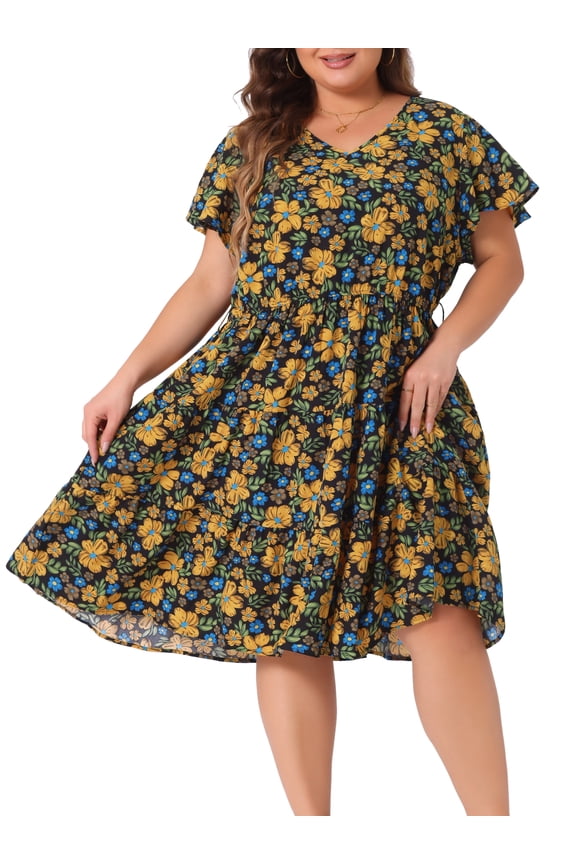 Plus Size V Neck Elastic Waist Ruffle Floral Midi Dress 2X Black