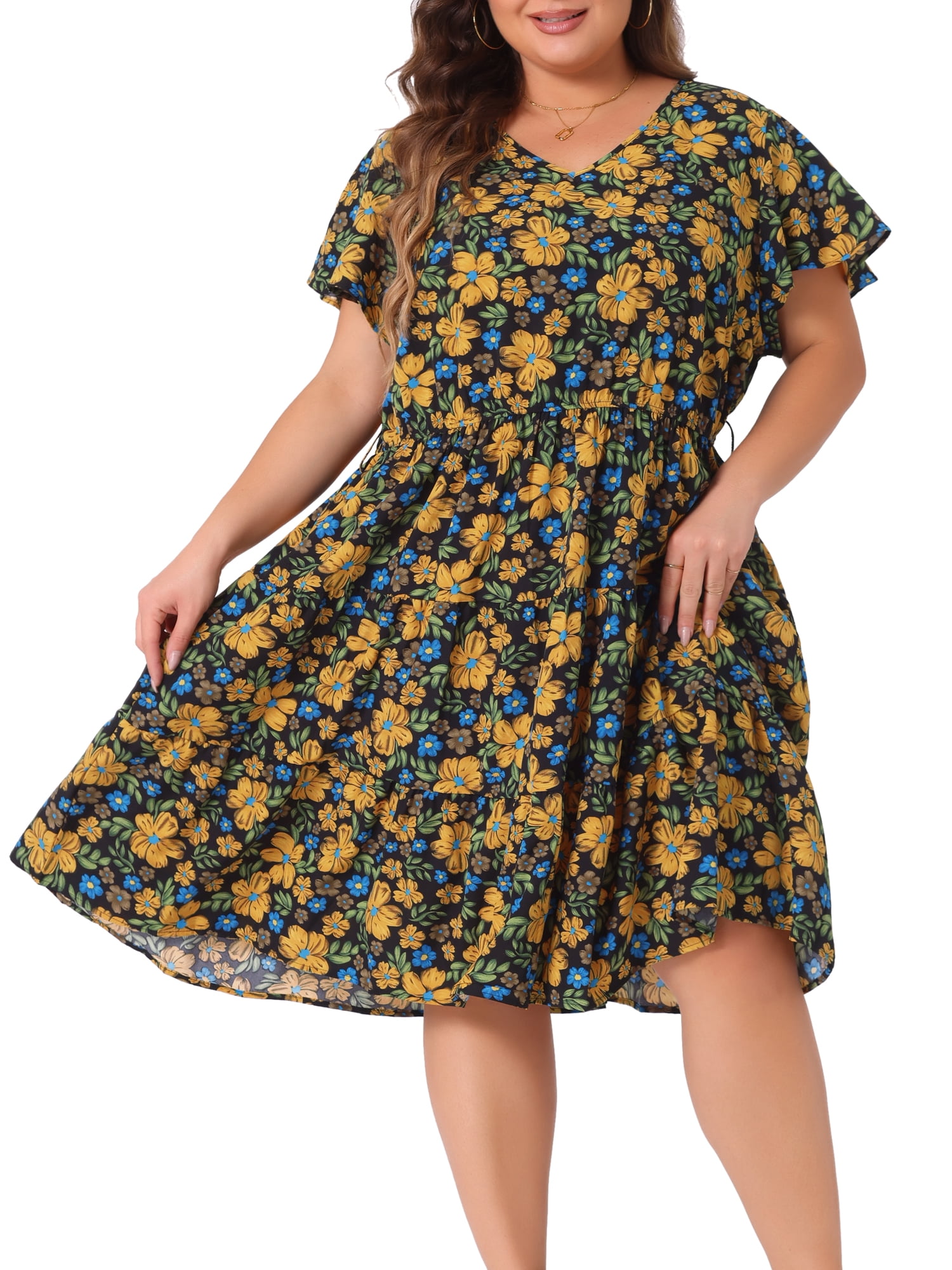 DARING DIVA Plus Size V Neck Elastic Waist Ruffle Floral Midi Dress 4X Black