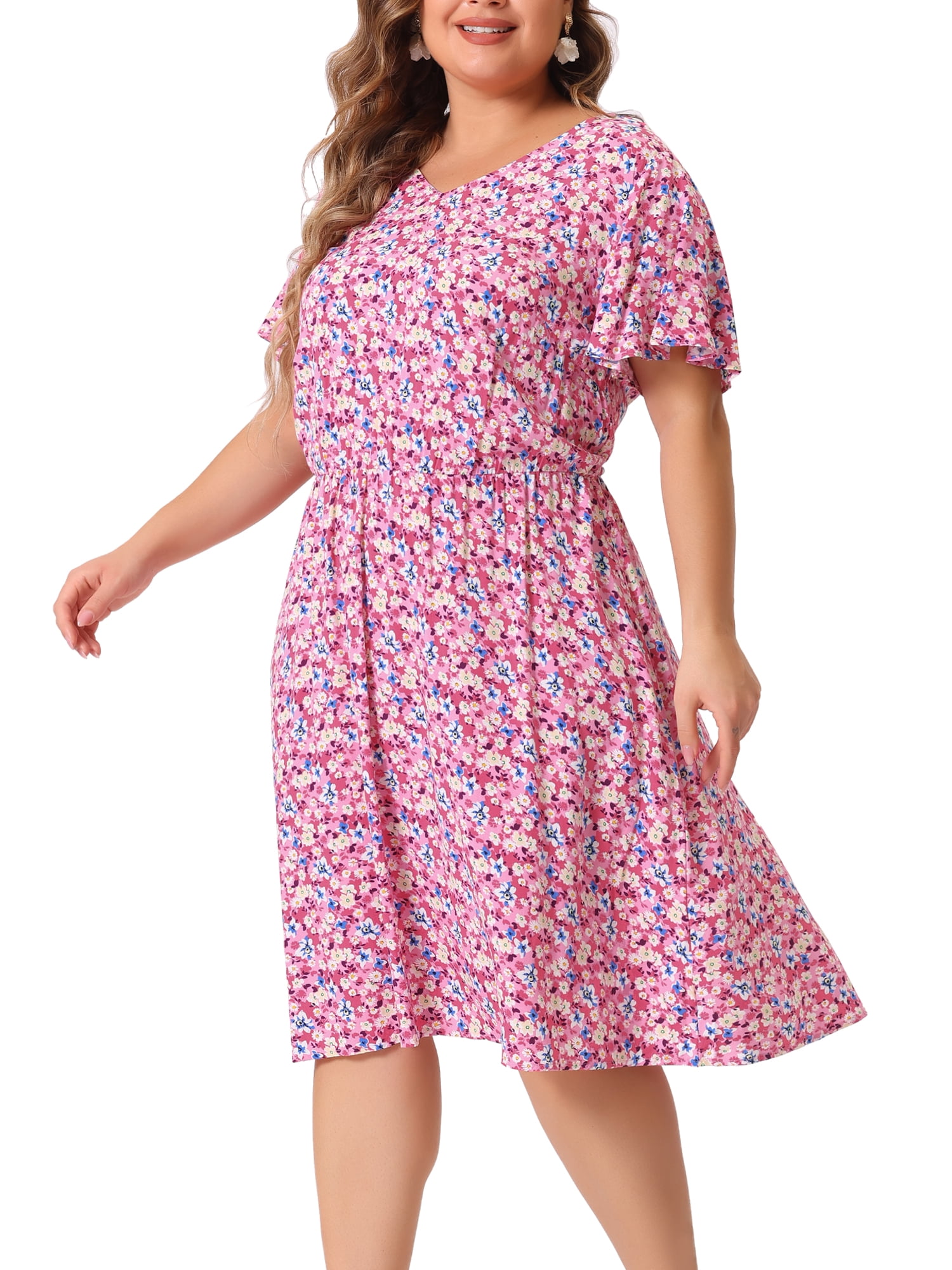 DARING DIVA Plus Size V Neck Flare Sleeve Peplum Midi Ruffle Dress 1X Dark Pink
