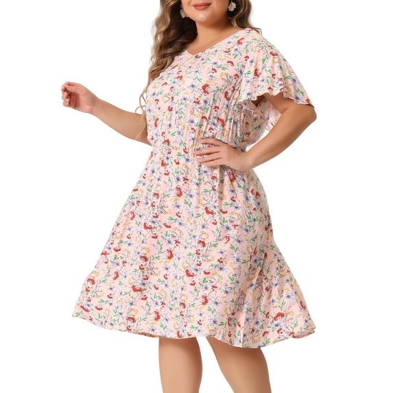 DARING DIVA Plus Size V Neck Flare Sleeve Peplum Midi Ruffle Dress 2X Light Pink