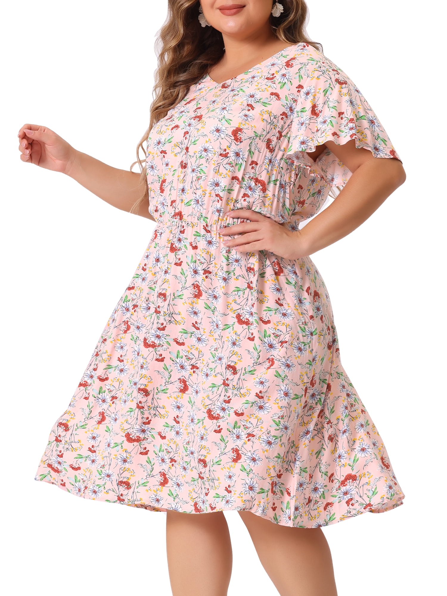 DARING DIVA Plus Size V Neck Flare Sleeve Peplum Midi Ruffle Dress 3X Light Pink