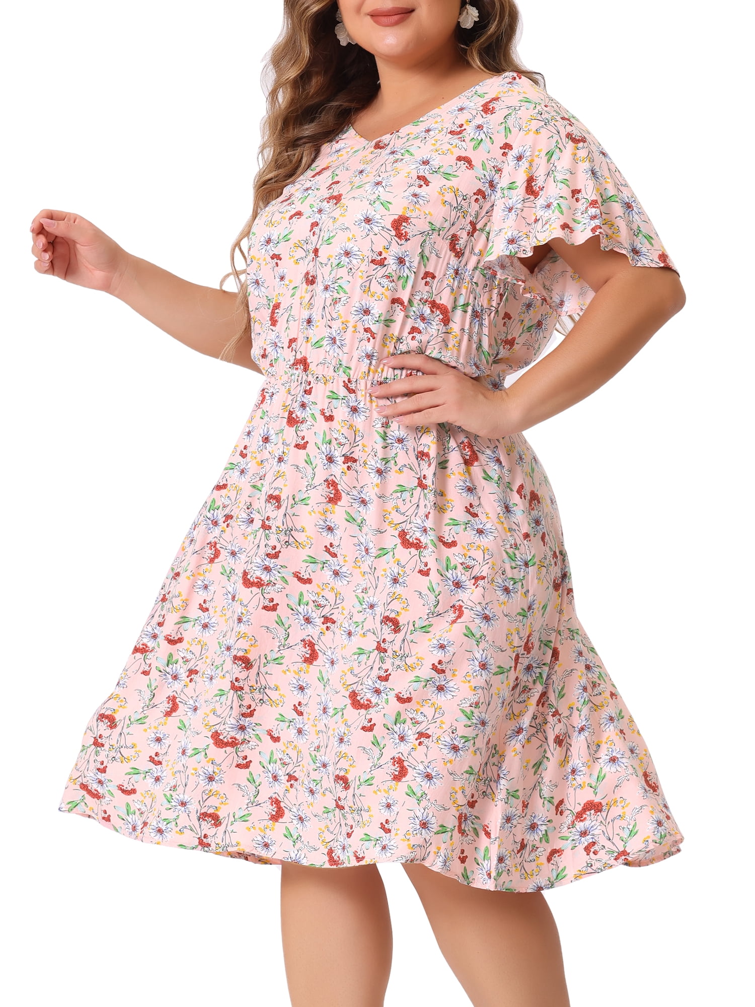 DARING DIVA Plus Size V Neck Flare Sleeve Peplum Midi Ruffle Dress 4X Light Pink
