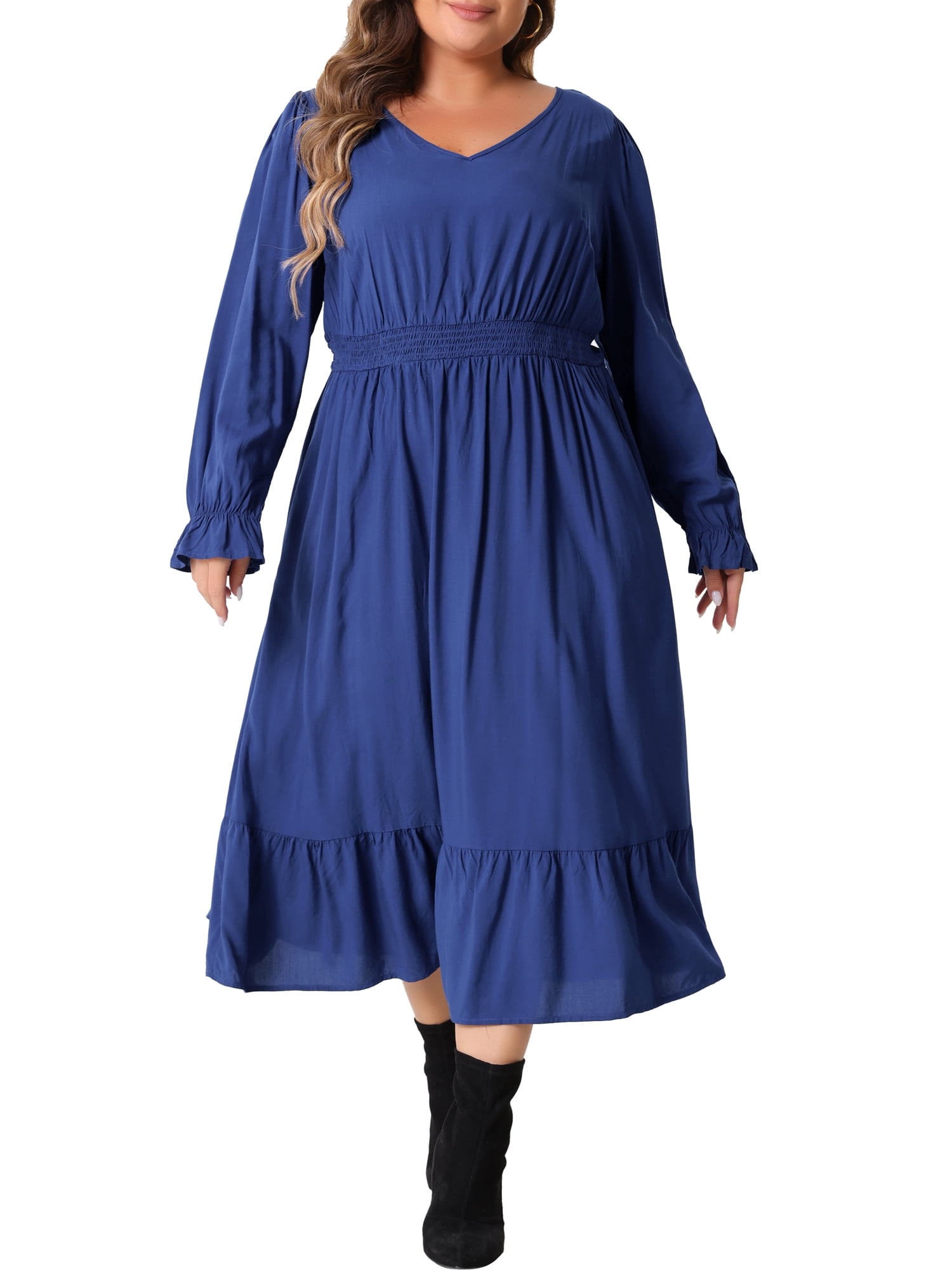 DARING DIVA Plus Size V Neck High Waist Ruffle Long Sleeve Dress 4X Royal Blue