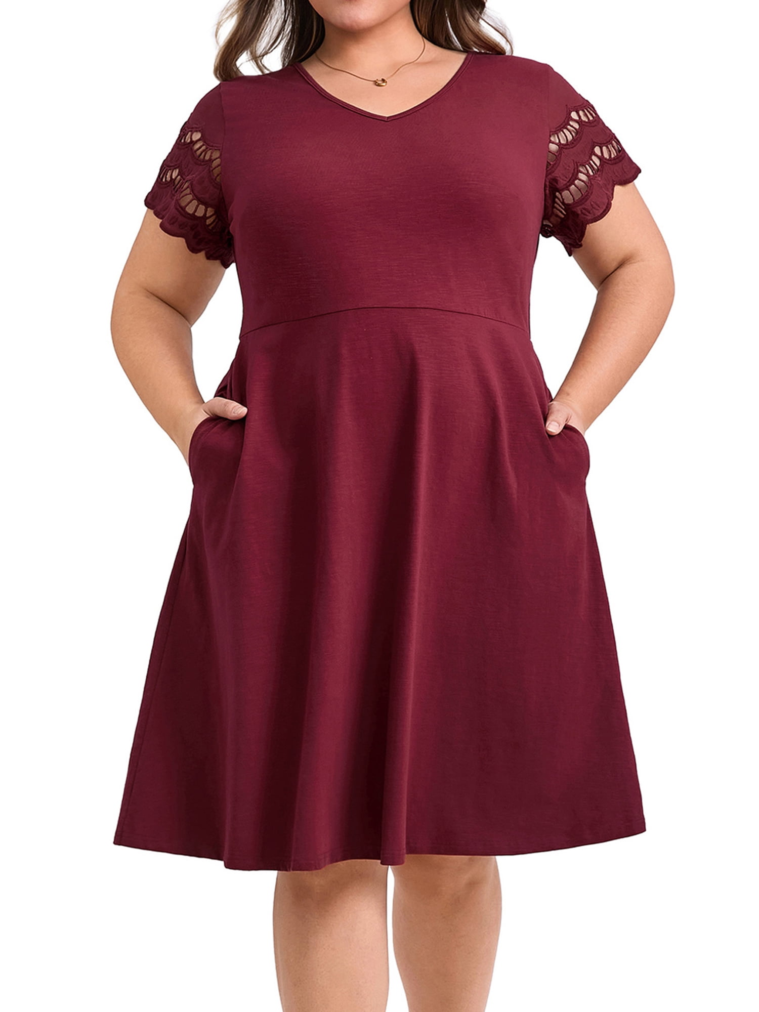 DARING DIVA Plus Size V Neck Hollow Eyelet Details Dress 4X Burgundy