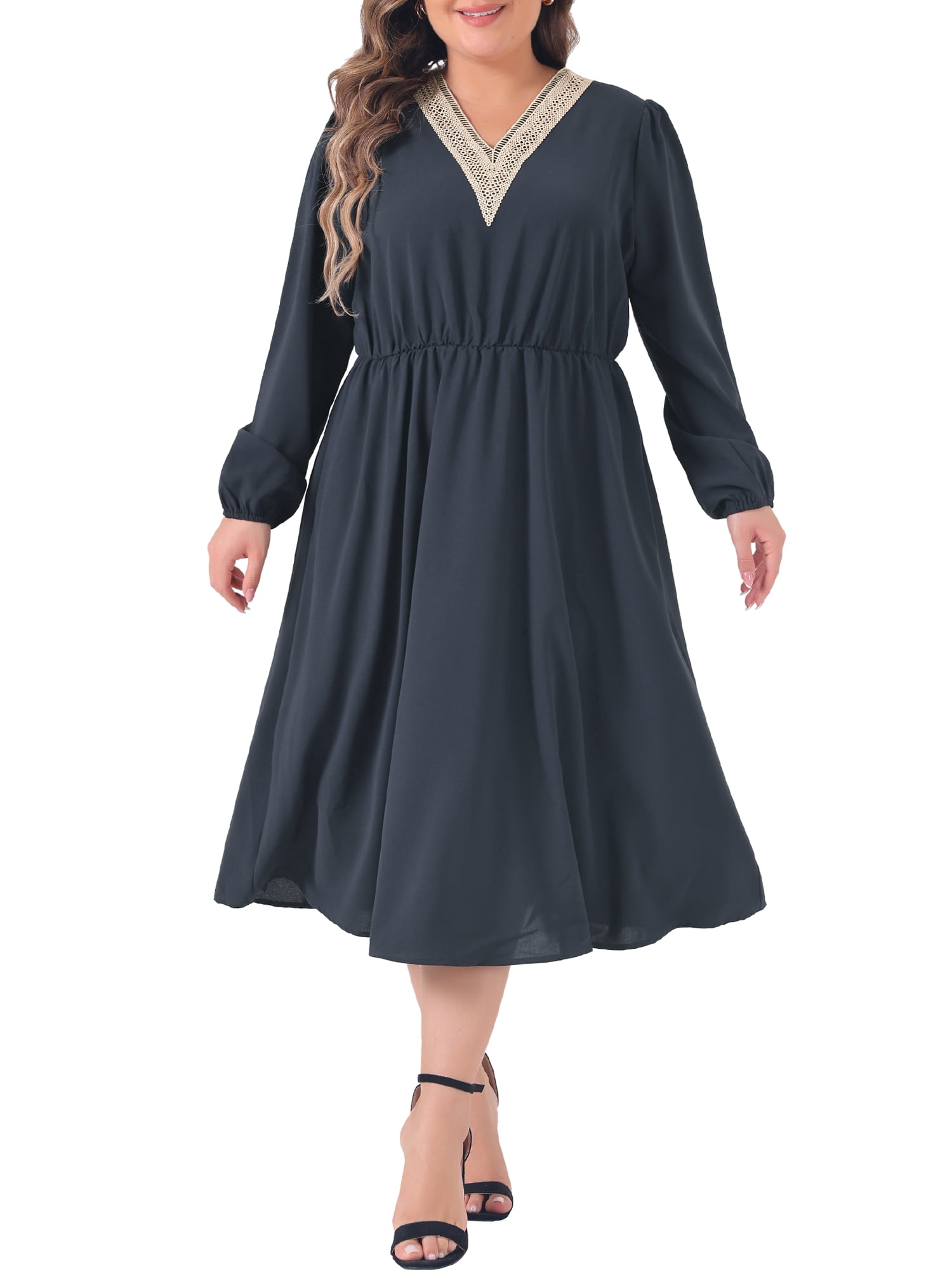 DARING DIVA Plus Size V Neck Long Sleeve Casual Midi Style Dress 3X Dark Blue