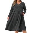 thumbnail image 1 of DARING DIVA Plus Size V Neck Long Sleeve Ribbed Knit A Line Dress 1X Dark Gray, 1 of 6