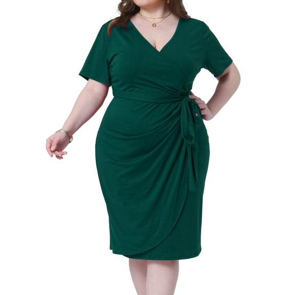 DARING DIVA Plus Size V Neck Ruched Wrap Belt Dress 2X Dark Green