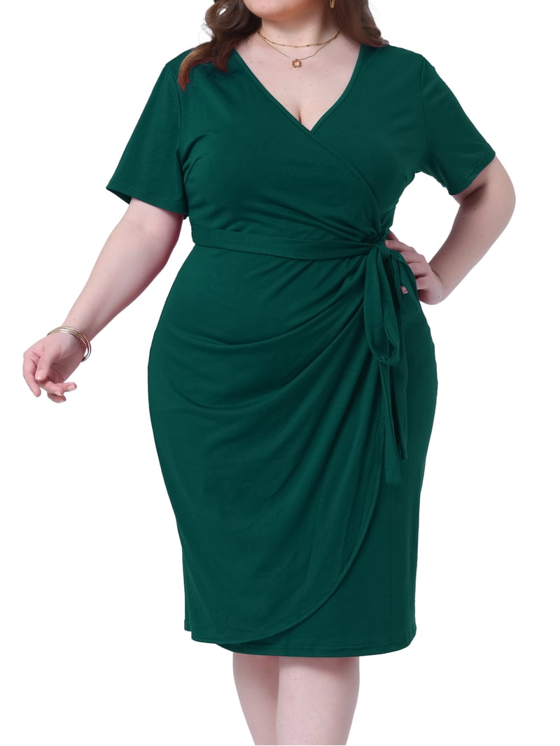 DARING DIVA Plus Size V Neck Ruched Wrap Belt Dress 4X Teal Blue