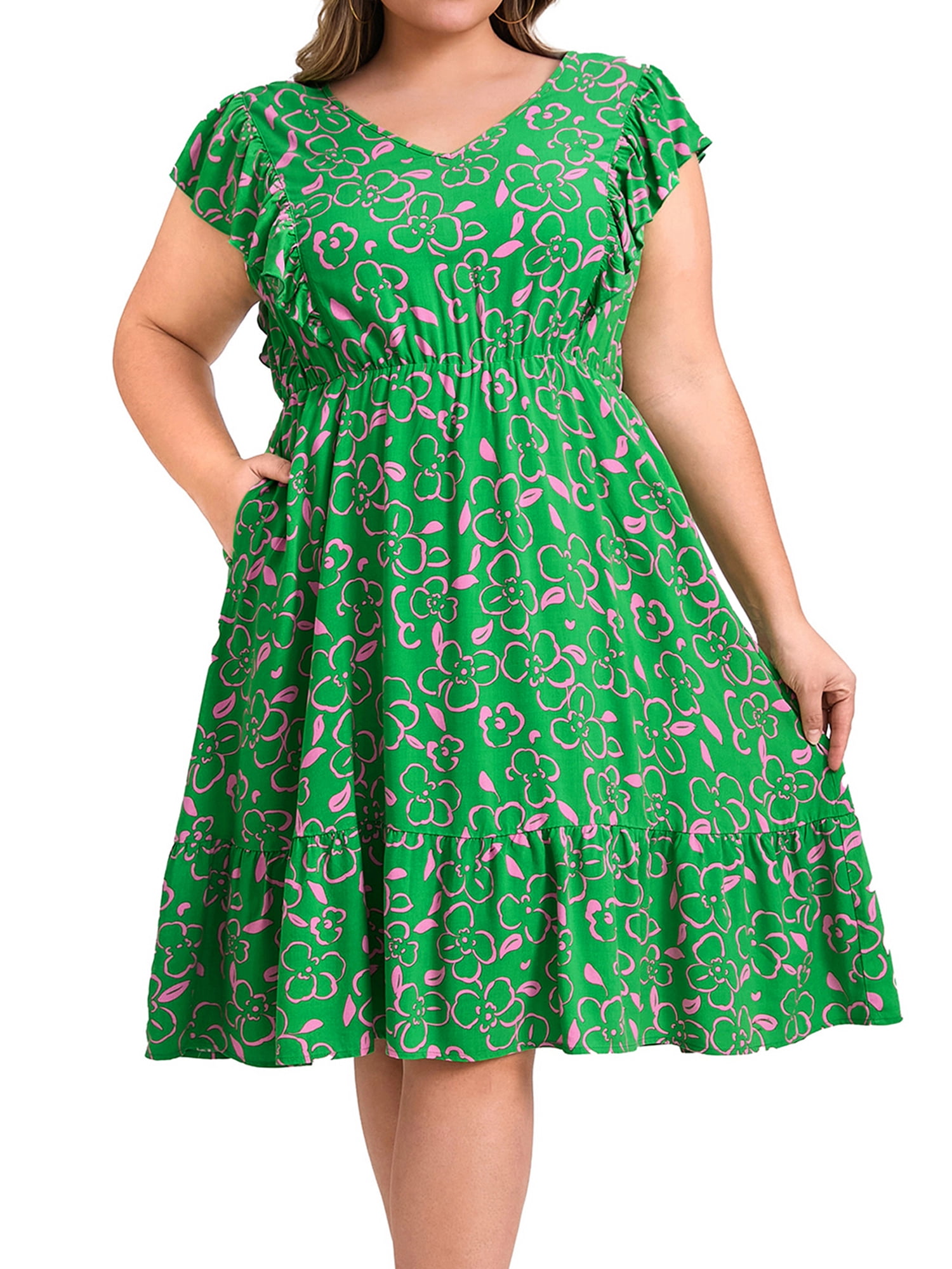 DARING DIVA Plus Size V Neck Ruffle Sleeve Knee Length Casual Dress 4X Green