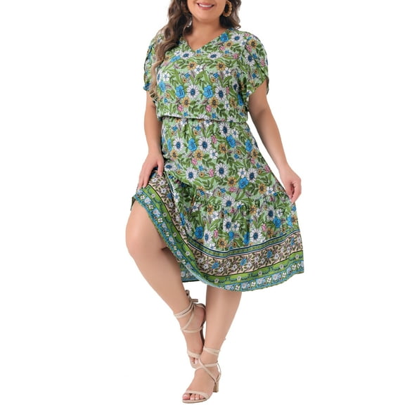 DARING DIVA Plus Size V Neck Short Sleeve Floral Midi Dress 1X Green