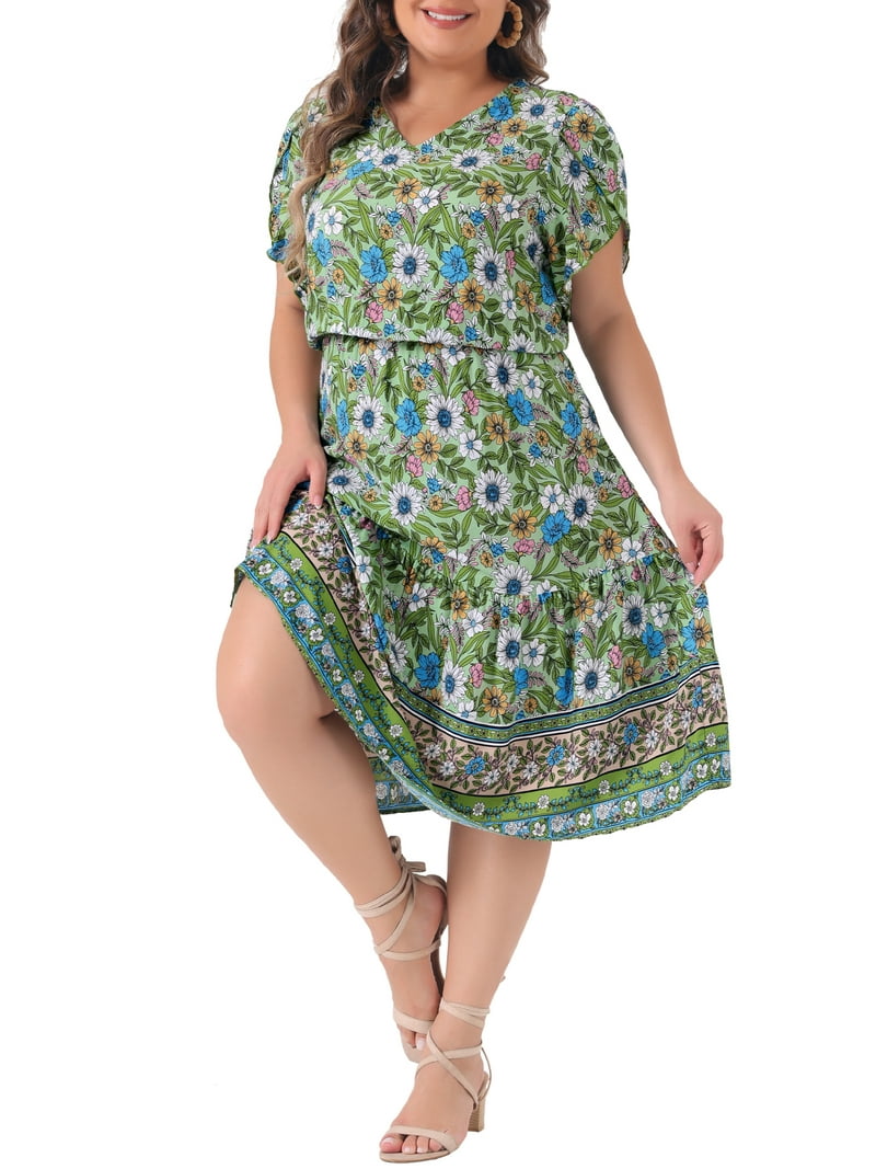 DARING DIVA Plus Size V Neck Short Sleeve Floral Midi Dress 4X