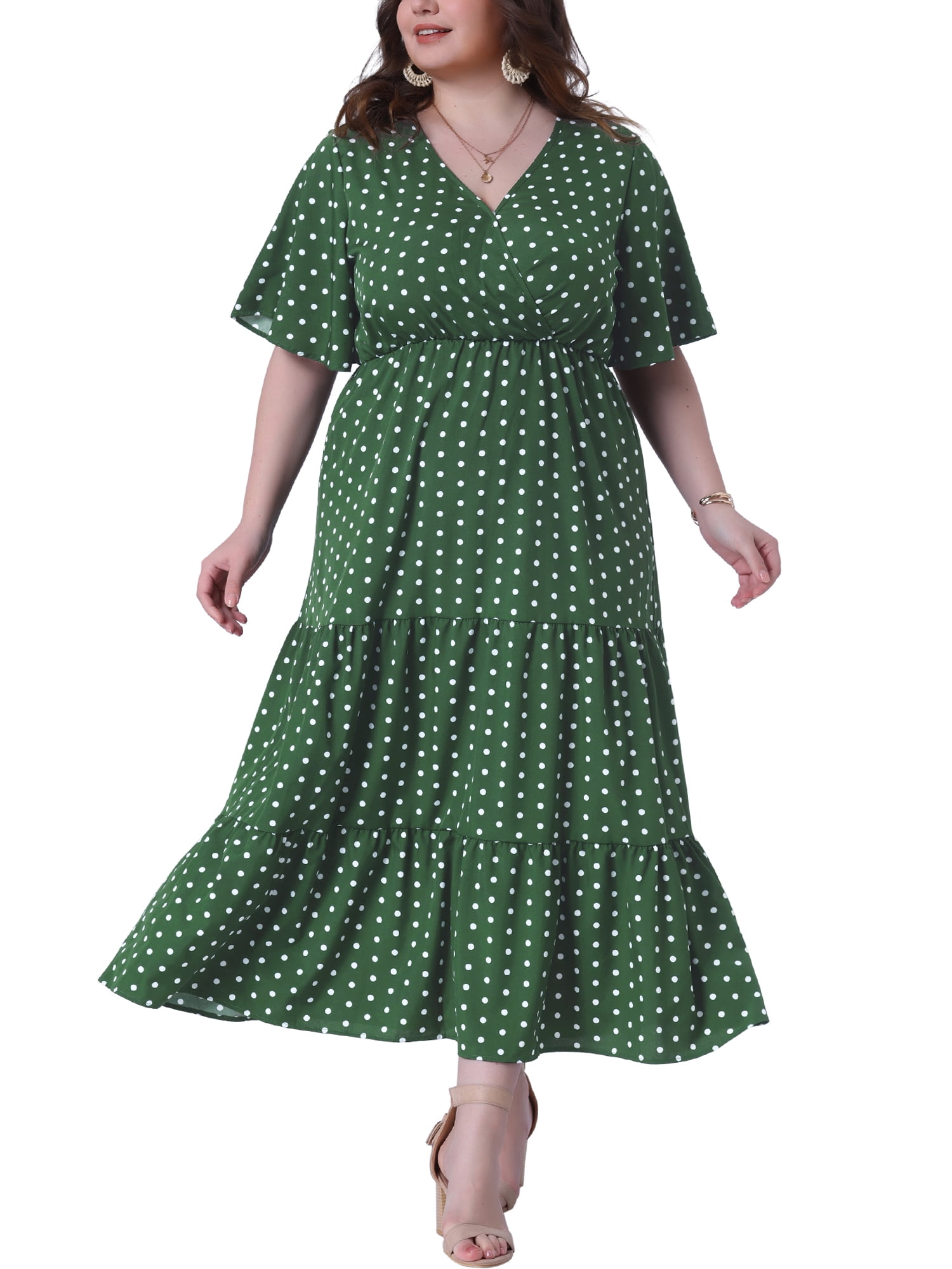 DARING DIVA Plus Size V Neck Short Sleeve Wrap Polka Dot A-Line Dress 1X Olive Green