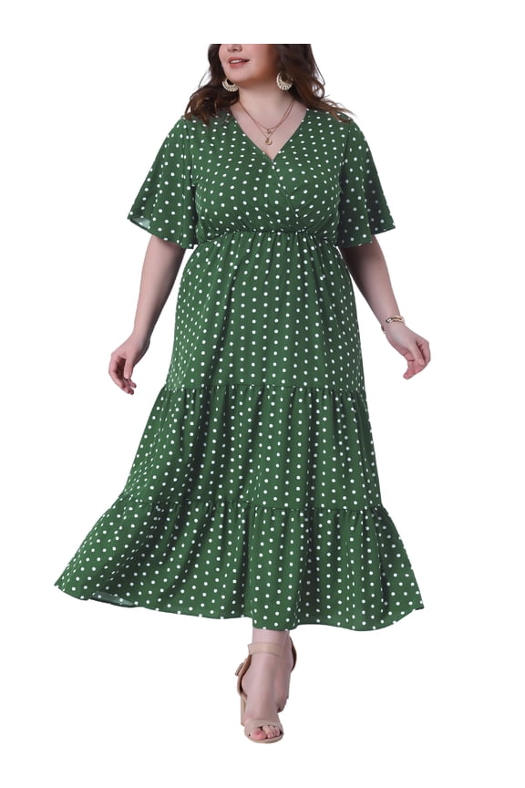 Plus Size V Neck Short Sleeve Wrap Polka Dot A-Line Dress 3X Olive Green