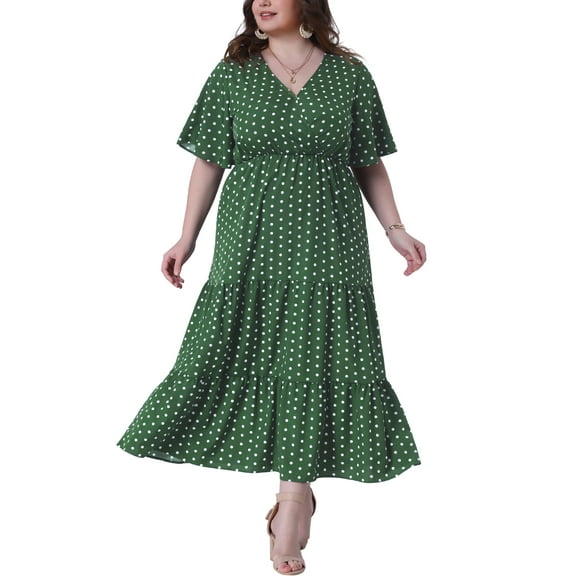 DARING DIVA Plus Size V Neck Short Sleeve Wrap Polka Dot A-Line Dress 4X Olive Green