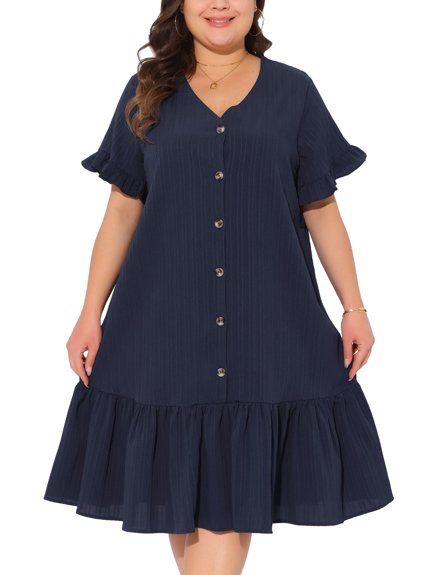 DARING DIVA Plus Size V Neck Short Sleeves Ruffle Hem Beach Dress 2X Dark Blue