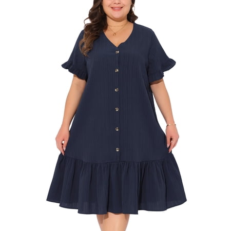 DARING DIVA Plus Size V Neck Short Sleeves Ruffle Hem Beach Dress 3X Dark Blue