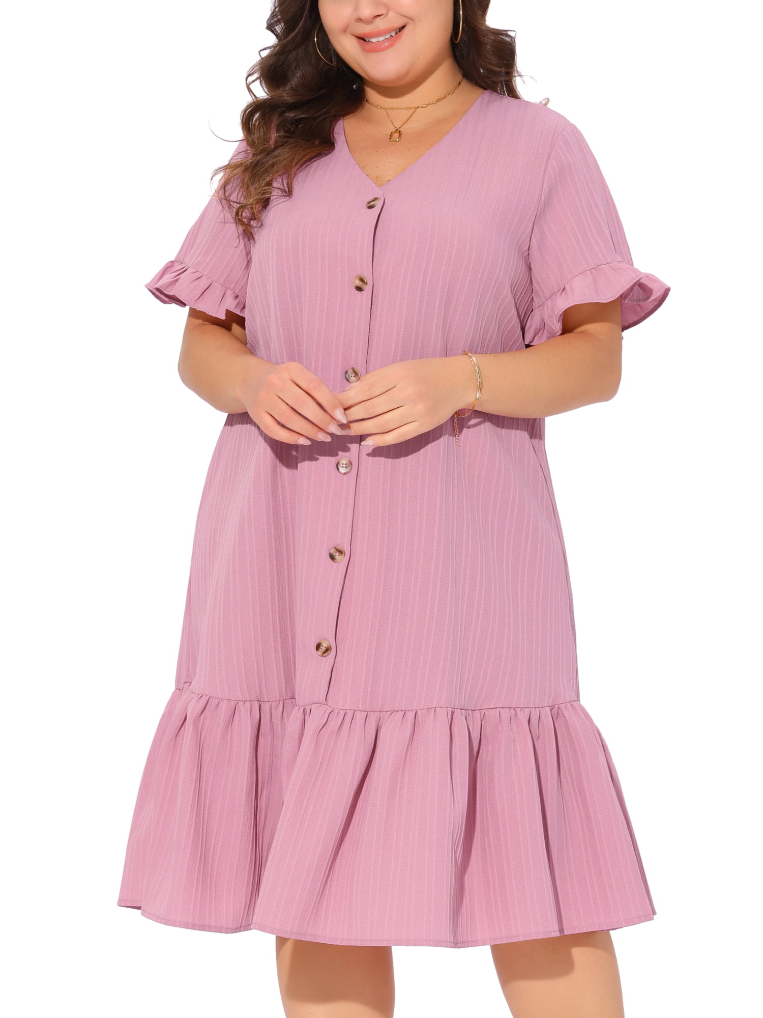 DARING DIVA Plus Size V Neck Short Sleeves Ruffle Hem Beach Dress 3X Pink