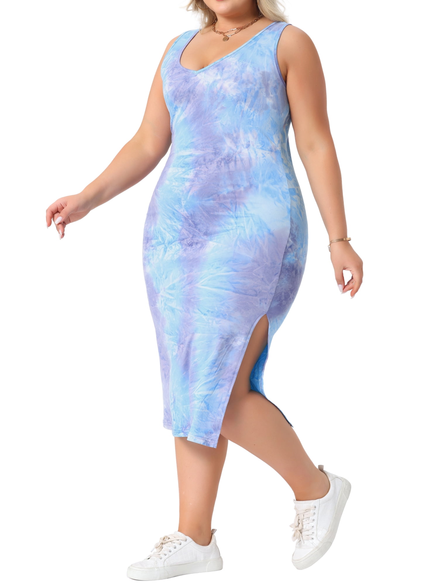 DARING DIVA Plus Size V Neck Slim Fit Tie Dye Midi Tank Dress 1X Purple Blue